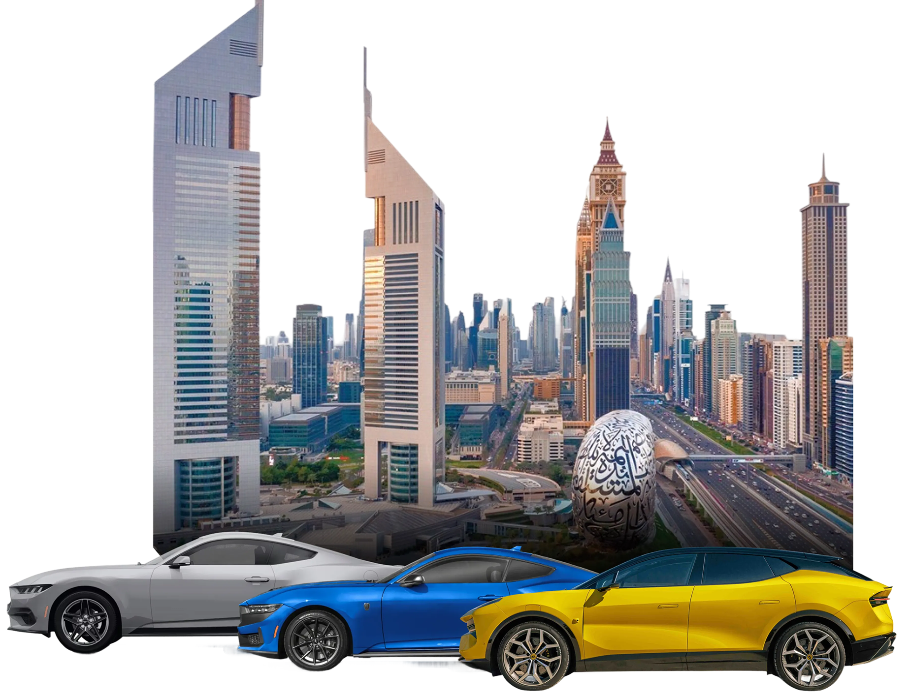 Premium vehicles with the Dubai skyline — Easy Lease vehicle leasing