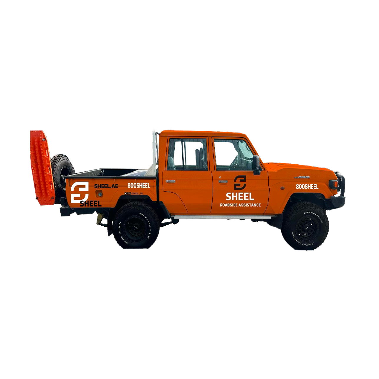 Sheel Toyota Land Cruiser off-road recovery vehicle in orange livery